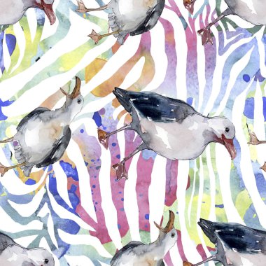 Vahşi yaşamda gökyüzü kuşu martı. Vahşi özgürlük, uçan kanatlı kuş. Suluboya illüstrasyon seti. Suluboya çizim moda aquarelle. Kusursuz arka plan deseni. Kumaş duvar kağıdı baskı doku.