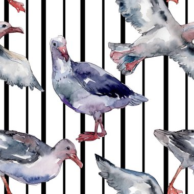 Vahşi yaşamda gökyüzü kuşu martı. Vahşi özgürlük, uçan kanatlı kuş. Suluboya illüstrasyon seti. Suluboya çizim moda aquarelle. Kusursuz arka plan deseni. Kumaş duvar kağıdı baskı doku.