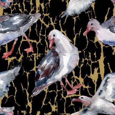 Vahşi yaşamda gökyüzü kuşu martı. Vahşi özgürlük, uçan kanatlı kuş. Suluboya illüstrasyon seti. Suluboya çizim moda aquarelle. Kusursuz arka plan deseni. Kumaş duvar kağıdı baskı doku.