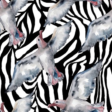 Vahşi yaşamda gökyüzü kuşu martı. Vahşi özgürlük, uçan kanatlı kuş. Suluboya illüstrasyon seti. Suluboya çizim moda aquarelle. Kusursuz arka plan deseni. Kumaş duvar kağıdı baskı doku.