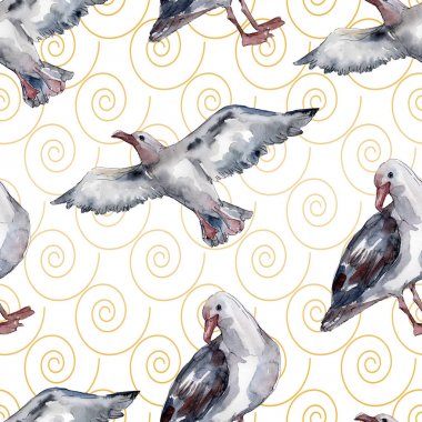 Vahşi yaşamda gökyüzü kuşu martı. Vahşi özgürlük, uçan kanatlı kuş. Suluboya illüstrasyon seti. Suluboya çizim moda aquarelle. Kusursuz arka plan deseni. Kumaş duvar kağıdı baskı doku.
