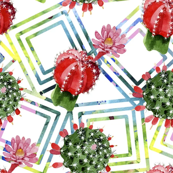 Red Green Cacti Watercolor Illustration Set Seamless Background Pattern — Stock Photo, Image