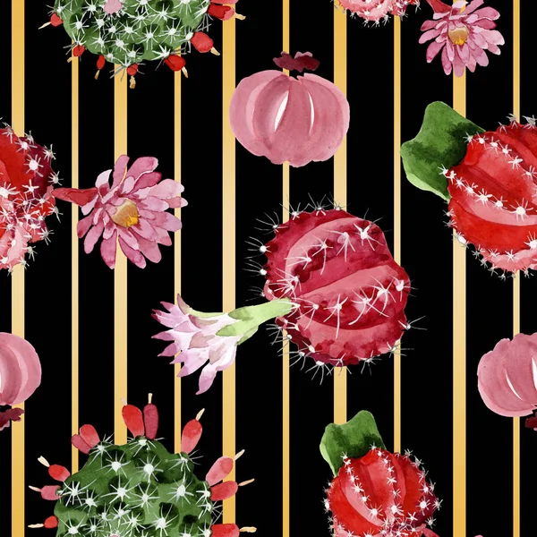 Ensemble Illustration Aquarelle Cactus Rouge Vert Modèle Fond Sans Couture — Photo