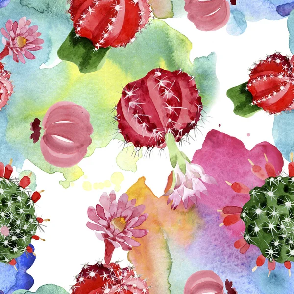 Rote Und Grüne Kakteen Aquarell Illustrationsset Nahtloses Hintergrundmuster — Stockfoto