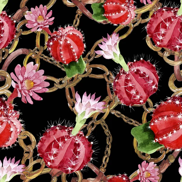 Red Green Cacti Watercolor Illustration Set Seamless Background Pattern — Stock Photo, Image