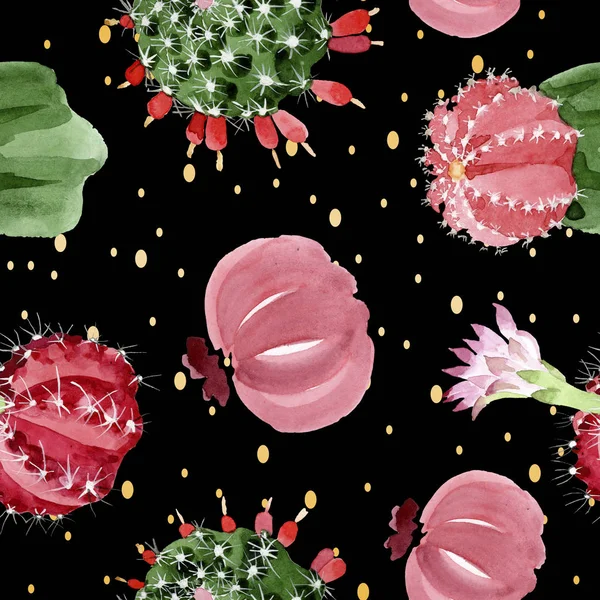 Red Green Cacti Watercolor Illustration Set Seamless Background Pattern — Stock Photo, Image