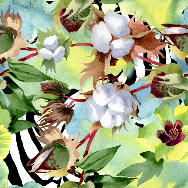 Cotton floral botanical flowers. Wild spring leaf wildflower. Watercolor illustration set. Watercolour drawing fashion aquarelle. Seamless background pattern. Fabric wallpaper print texture.