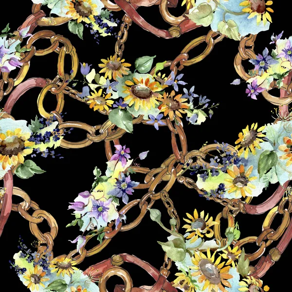 Bouquet Con Girasoli Fiori Botanici Fiordaliso Selvatico Set Illustrazione Acquerello — Foto Stock