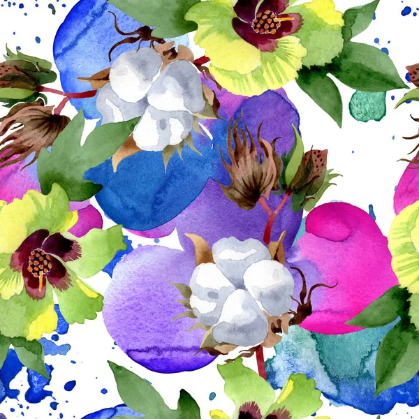 綿花植物の花 野生の春の葉の野生の花 水彩イラストセット 水彩画ファッションアクアレル シームレスな背景パターン ファブリック壁紙プリントテクスチャ — ストック写真