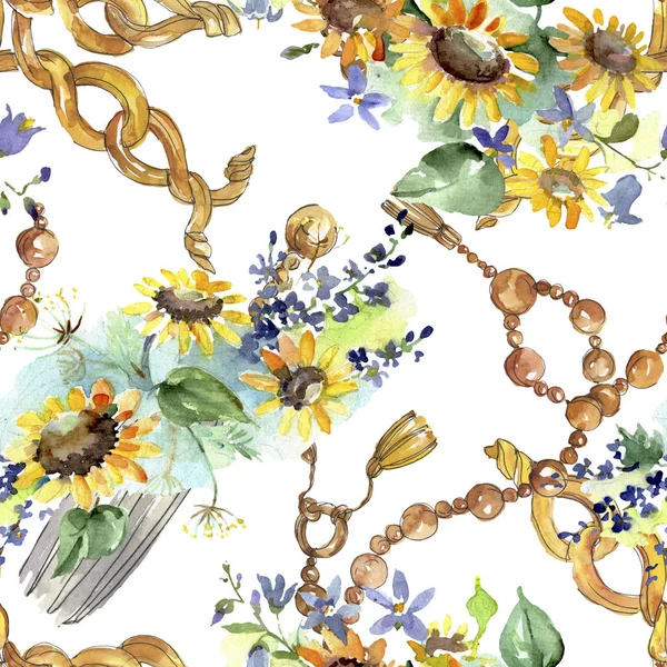 Strauß Mit Sonnenblumen Botanische Blumen Wilde Frühlingsblume Aquarell Illustrationsset Vorhanden — Stockfoto