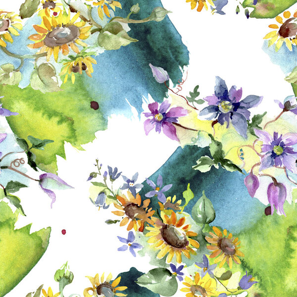 Bouquet with sunflowers botanical flowers. Wild spring leaf wildflower. Watercolor illustration set. Watercolour drawing fashion aquarelle. Seamless background pattern. Fabric wallpaper print texture.