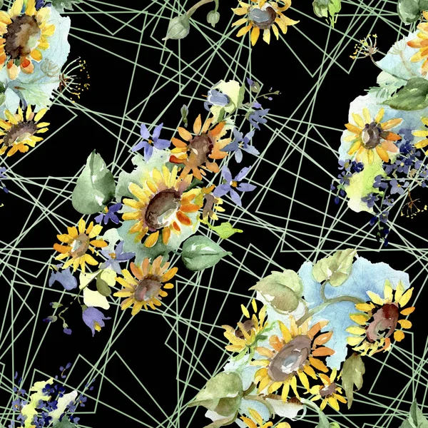 ヒマワリの植物の花と花束 野生の春の葉の野生の花 水彩イラストセット 水彩画ファッションアクアレル シームレスな背景パターン ファブリック壁紙プリントテクスチャ — ストック写真