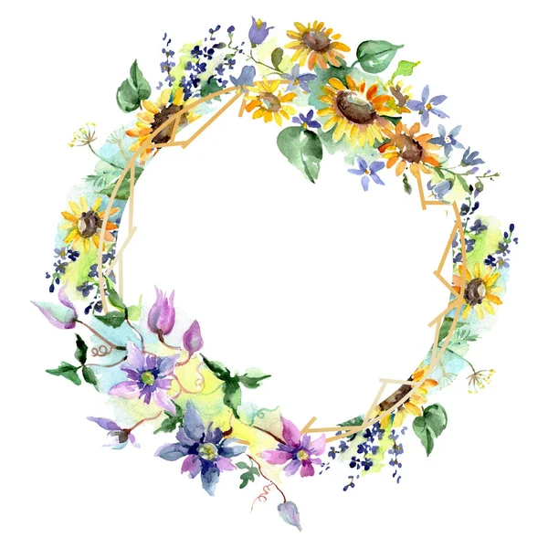 Blumenstrauß Mit Sonnenblumen Und Botanischen Blumen Wilde Frühlingsblume Aquarell Hintergrundillustration — Stockfoto