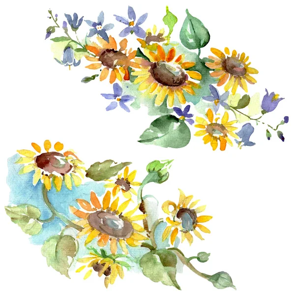 Bouquet with sunflowers floral botanical flowers. Wild spring leaf wildflower. Watercolor background illustration set. Watercolour drawing fashion aquarelle. Isolated bouquets illustration element.