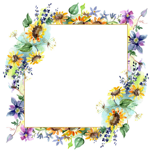 Bouquet with sunflowers floral botanical flowers. Wild spring leaf wildflower isolated. Watercolor background illustration set. Watercolour drawing fashion aquarelle. Frame border ornament square.