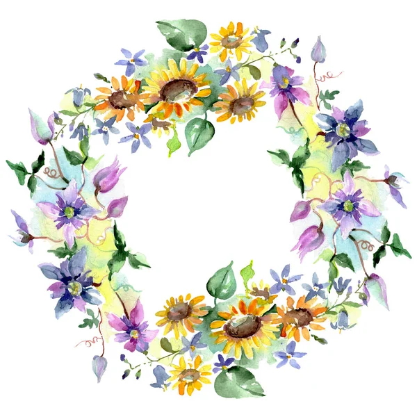 Букет Соняшниками Квіткові Ботанічні Квіти Дикий Весняний Лист Ізольований Набір — стокове фото