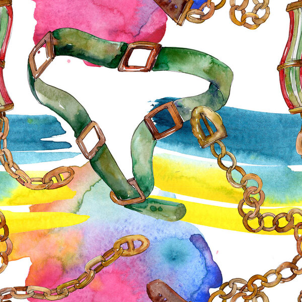 Chain and leather belt sketch fashion glamour illustration in a watercolor style. Watercolour drawing fashion aquarelle.