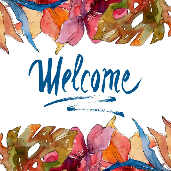 Exotic tropical hawaiian summer. Watercolor background illustration set. Frame border ornament square.