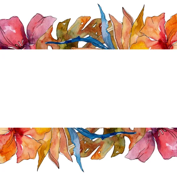 Verano hawaiano tropical exótico. Conjunto de ilustración de fondo acuarela. Marco borde ornamento cuadrado . — Foto de Stock