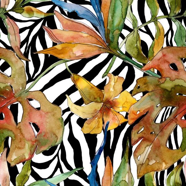 Exotic tropical hawaiian summer. Watercolor background illustration set. Seamless background pattern.