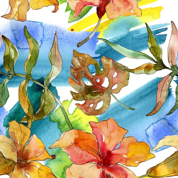 Exotic tropical hawaiian summer. Watercolor background illustration set. Seamless background pattern.