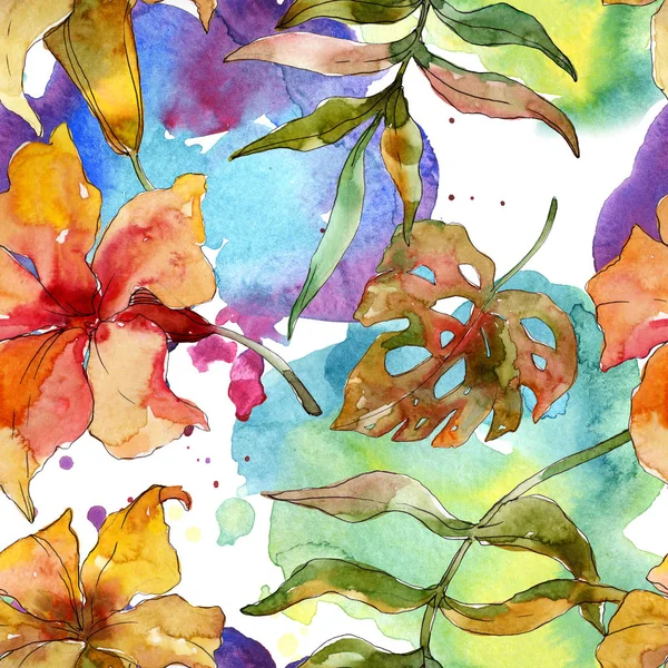 Exotic tropical hawaiian summer. Watercolor background illustration set. Seamless background pattern.