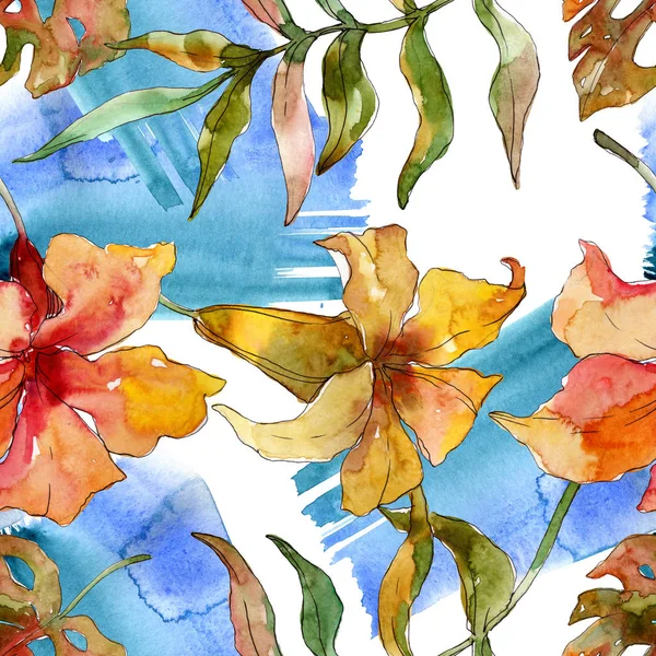 Exotic tropical hawaiian summer. Watercolor background illustration set. Seamless background pattern.