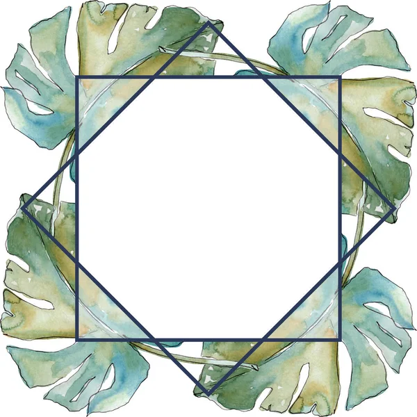 Exotic tropical hawaiian summer. Palm beach tree leaves jungle botanical. Watercolor background illustration set. Watercolour drawing fashion aquarelle isolated. Frame border ornament square.