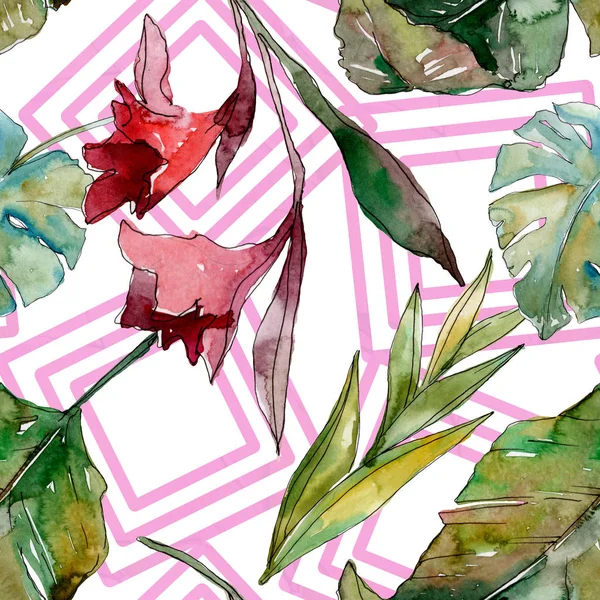 Exotic tropical hawaiian summer. Palm beach tree leaves jungle botanical. Watercolor illustration set. Watercolour drawing aquarelle. Seamless background pattern. Fabric wallpaper print texture.