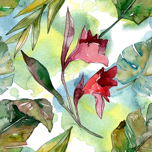 Exotic tropical hawaiian summer. Palm beach tree leaves jungle botanical. Watercolor illustration set. Watercolour drawing aquarelle. Seamless background pattern. Fabric wallpaper print texture.
