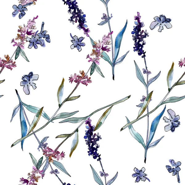 Lavendel blühende botanische Blumen. Aquarell Hintergrundillustration Set. nahtloses Hintergrundmuster. — Stockfoto