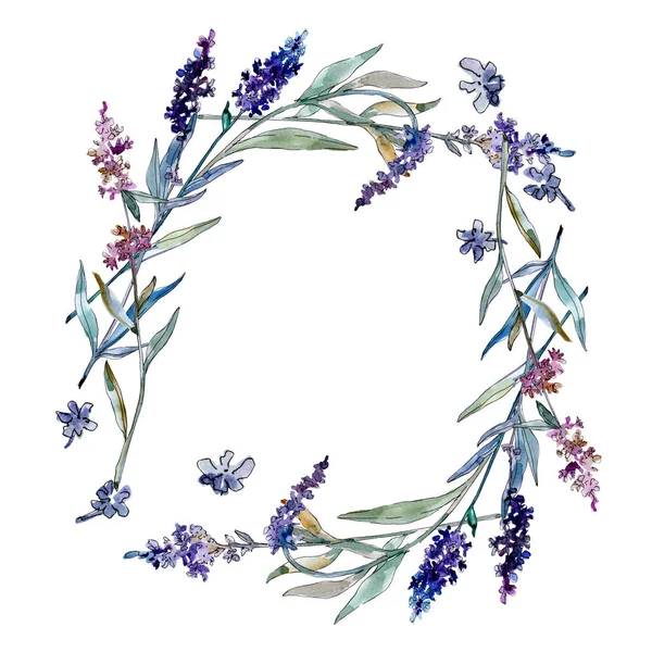 Lavendel blühende botanische Blumen. Aquarell Hintergrundillustration Set. Rahmen Rand Ornament Quadrat. — Stockfoto