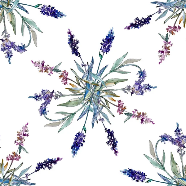 Lavendel blühende botanische Blumen. Aquarell Hintergrundillustration Set. nahtloses Hintergrundmuster. — Stockfoto