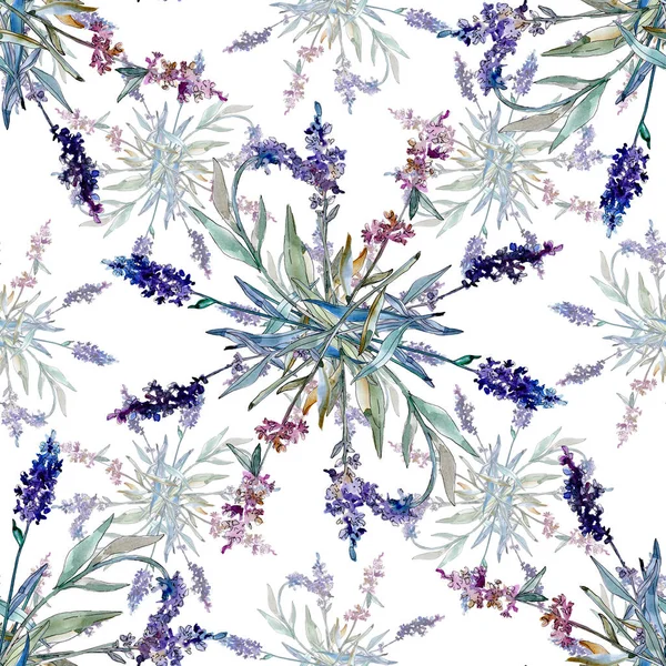 라벤더 꽃 식물 꽃입니다. 수채화 배경 일러스트 세트입니다. 원활한 배경 패턴. — 스톡 사진