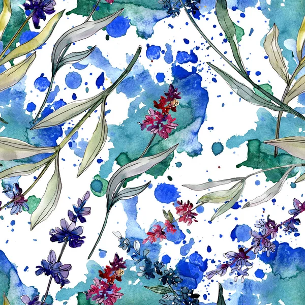 Fiori botanici floreali di lavanda. Acquerello sfondo illustrazione set. Modello di sfondo senza soluzione di continuità . — Foto Stock