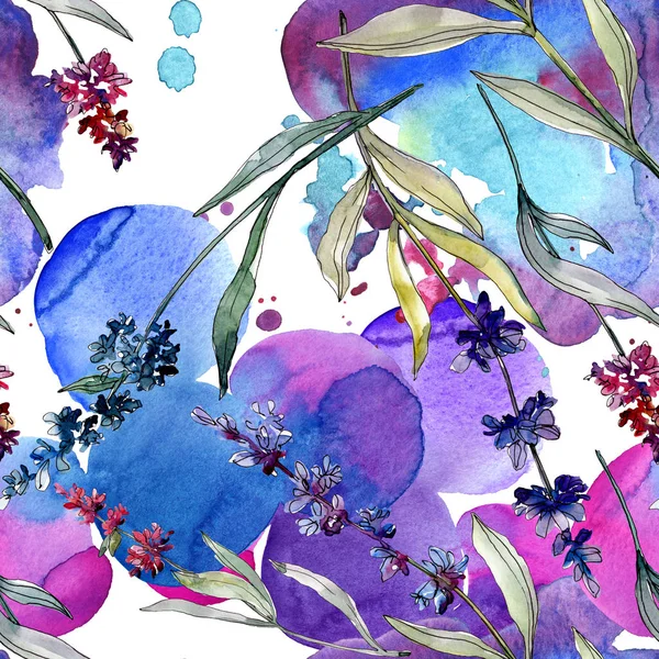 라벤더 꽃 식물 꽃입니다. 수채화 배경 일러스트 세트입니다. 원활한 배경 패턴. — 스톡 사진