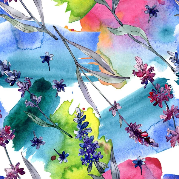 ラベンダーの花の植物の花 野生の春の葉の野生の花 水彩イラストセット 水彩画ファッションアクアレル シームレスな背景パターン ファブリック壁紙プリントテクスチャ — ストック写真