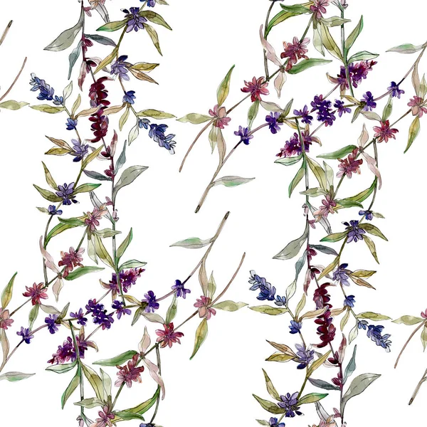 紫色のラベンダーの花の植物の花 野生の春の葉の野生の花 水彩イラストセット 水彩画ファッションアクアレル シームレスな背景パターン ファブリック壁紙プリントテクスチャ — ストック写真