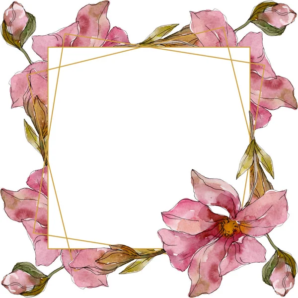 Camelia blommiga botaniska blommor. Akvarell bakgrund illustration uppsättning. Ram kant prydnad kvadrat. — Stockfoto