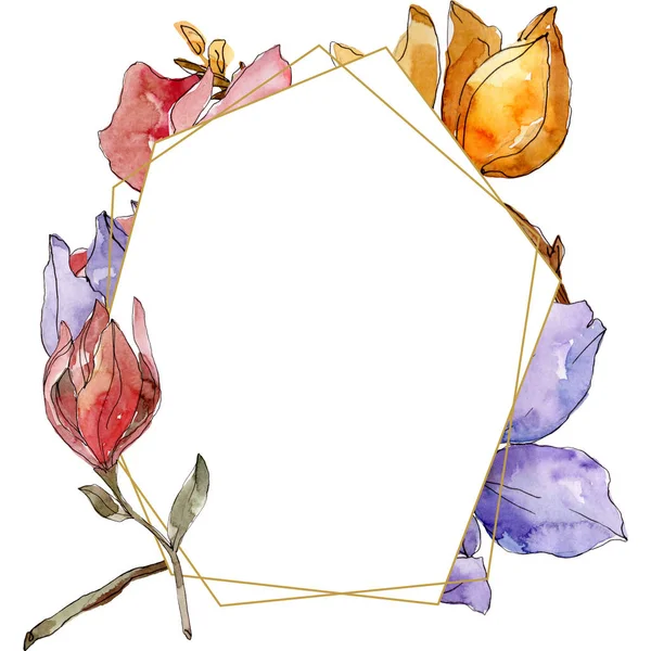 Camelia fleurs botaniques florales. Ensemble d'illustration de fond aquarelle. Cadre bordure ornement carré . — Photo
