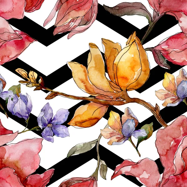 Camelia blommiga botaniska blommor. Akvarell bakgrund illustration uppsättning. Sömlöst bakgrundsmönster. — Stockfoto