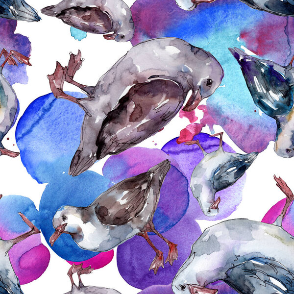 Sky bird seagull in a wildlife. Wild freedom, bird with a flying wings. Watercolor illustration set. Watercolour drawing fashion aquarelle. Seamless background pattern. Fabric wallpaper print texture.