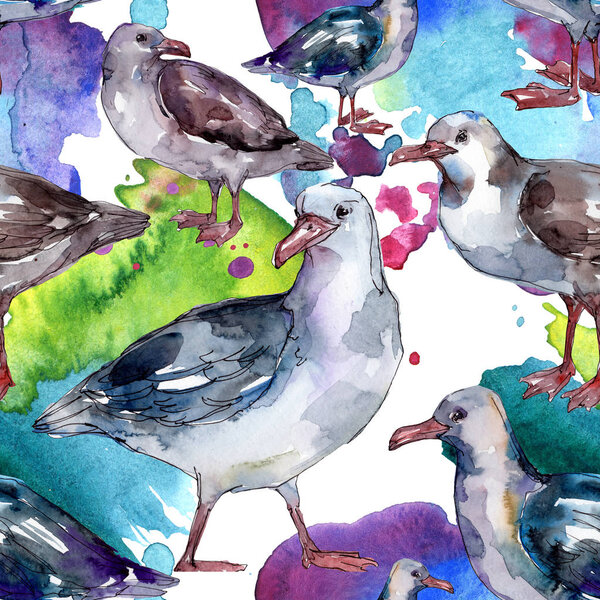 Sky bird seagull in a wildlife. Wild freedom, bird with a flying wings. Watercolor illustration set. Watercolour drawing fashion aquarelle. Seamless background pattern. Fabric wallpaper print texture.