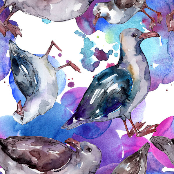 Sky bird seagull in a wildlife. Wild freedom, bird with a flying wings. Watercolor illustration set. Watercolour drawing fashion aquarelle. Seamless background pattern. Fabric wallpaper print texture.