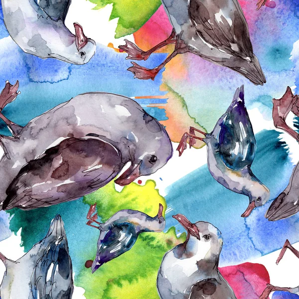 Sky bird seagull in a wildlife. Wild freedom, bird with a flying wings. Watercolor illustration set. Watercolour drawing fashion aquarelle. Seamless background pattern. Fabric wallpaper print texture.
