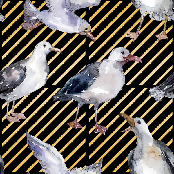 Sky bird seagull in a wildlife. Wild freedom, bird with a flying wings. Watercolor illustration set. Watercolour drawing fashion aquarelle. Seamless background pattern. Fabric wallpaper print texture.