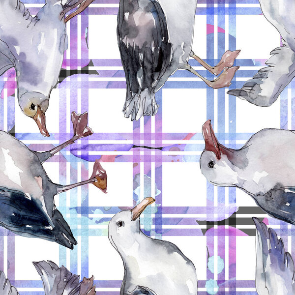Sky bird seagull in a wildlife. Wild freedom, bird with a flying wings. Watercolor illustration set. Watercolour drawing fashion aquarelle. Seamless background pattern. Fabric wallpaper print texture.