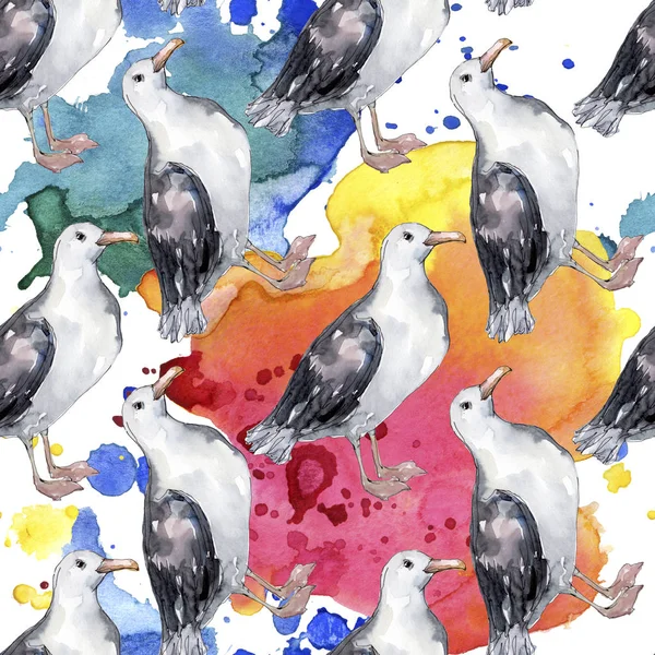 Sky bird seagull in a wildlife. Wild freedom, bird with a flying wings. Watercolor illustration set. Watercolour drawing fashion aquarelle. Seamless background pattern. Fabric wallpaper print texture.