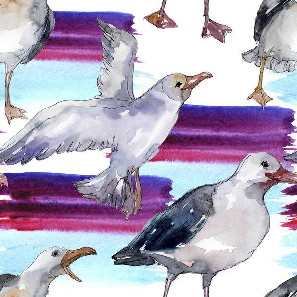 Sky bird seagull in a wildlife. Wild freedom, bird with a flying wings. Watercolor illustration set. Watercolour drawing fashion aquarelle. Seamless background pattern. Fabric wallpaper print texture.