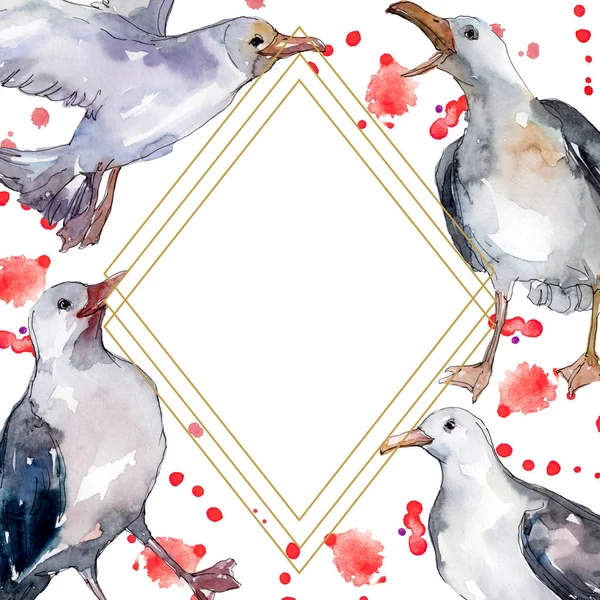 Sky bird seagull in a wildlife. Wild freedom, bird with a flying wings. Watercolor background illustration set. Watercolour drawing fashion aquarelle isolated. Frame border ornament square.